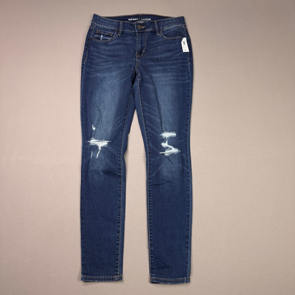 Old Navy Rockstar Mid Rise Skinny Distressed Jeans Dark Wash Size 6 Regular